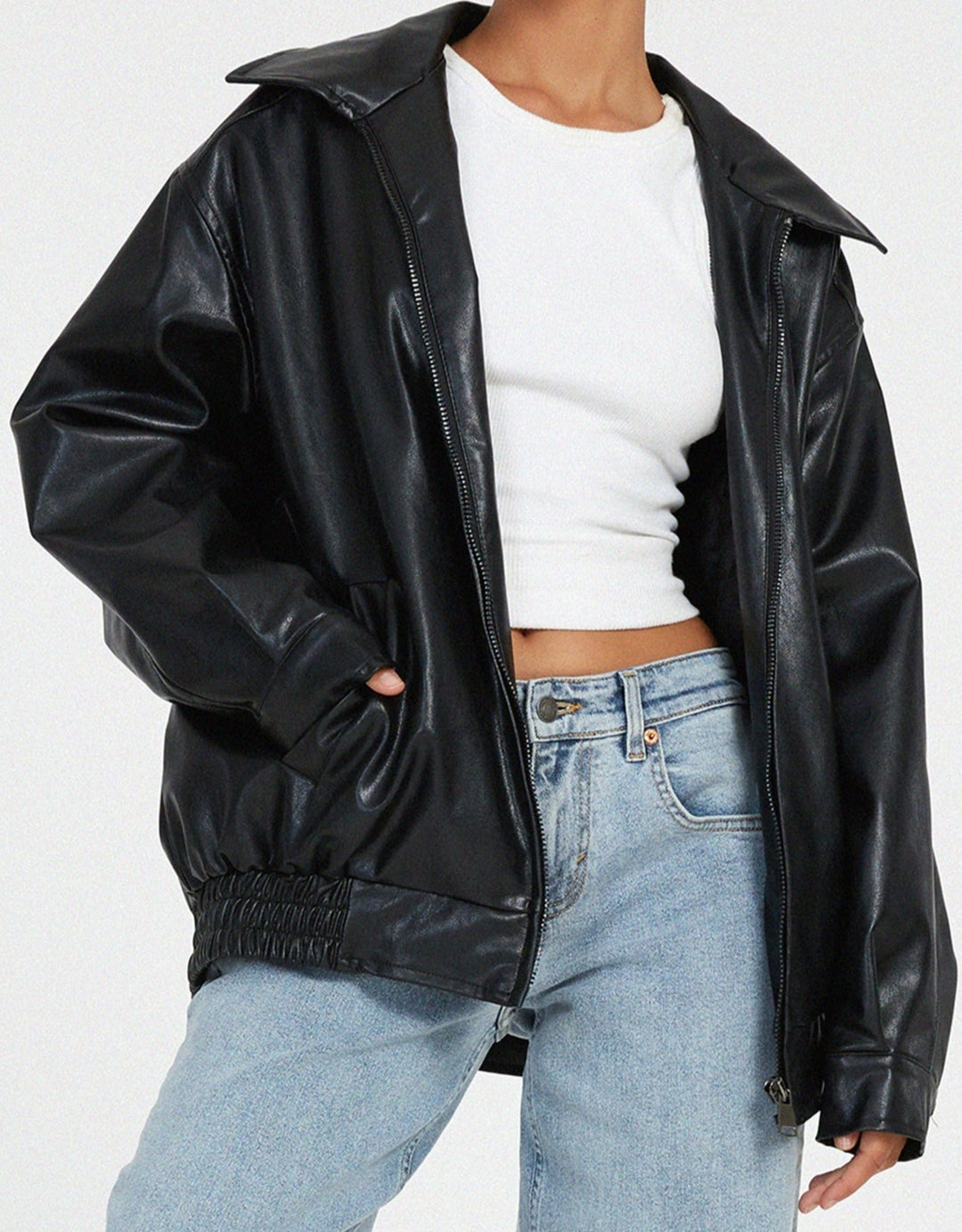 Ruby | Women's Oversized Faux Leather Zip-Up Bomber Jacket
