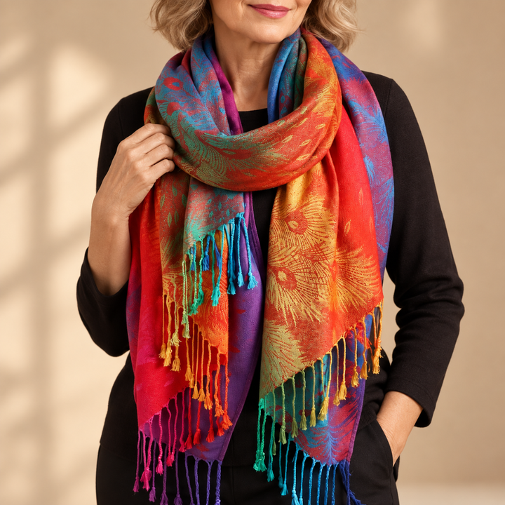 Lydia | Women’s Ombre Feather Pattern Scarf with Tassels