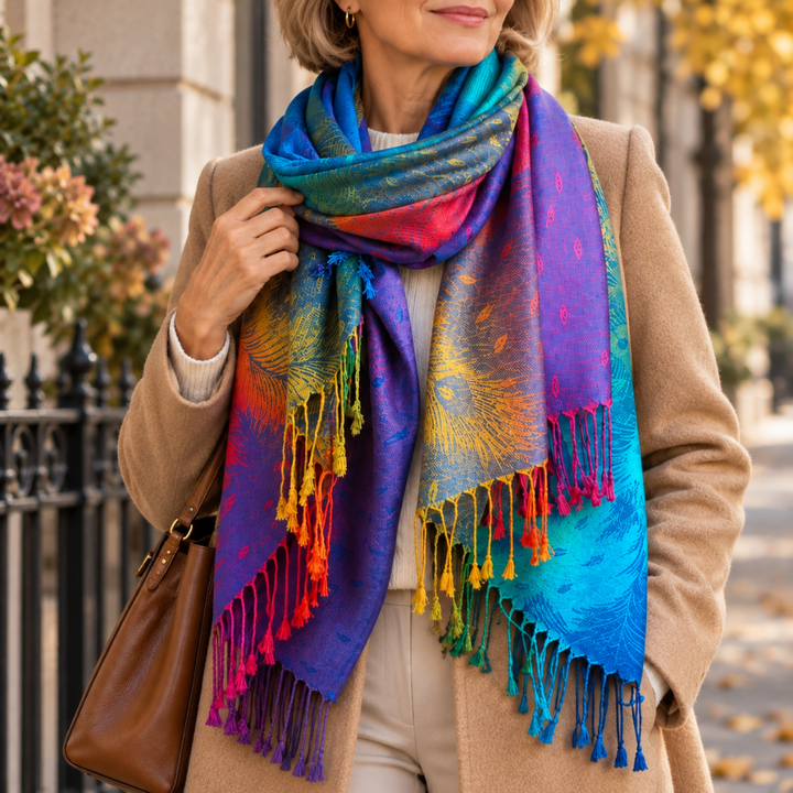 Lydia | Women’s Ombre Feather Pattern Scarf with Tassels
