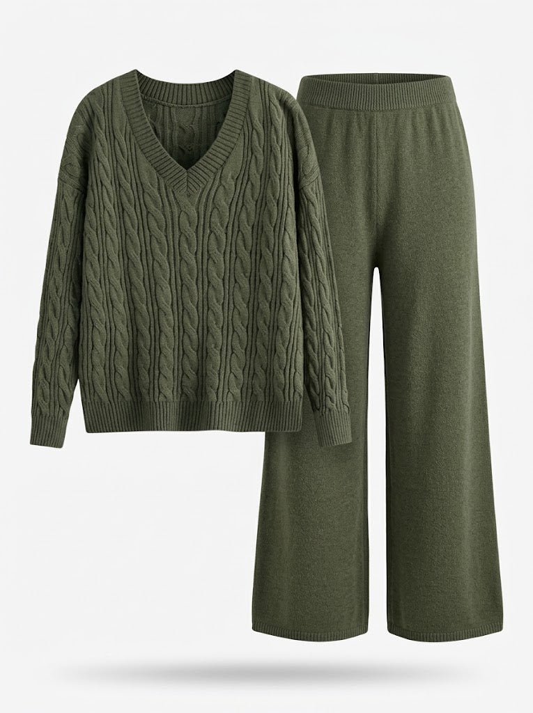 Antonia | Women’s V Neck Cable Knit Sweater and Wide Leg Pants Set