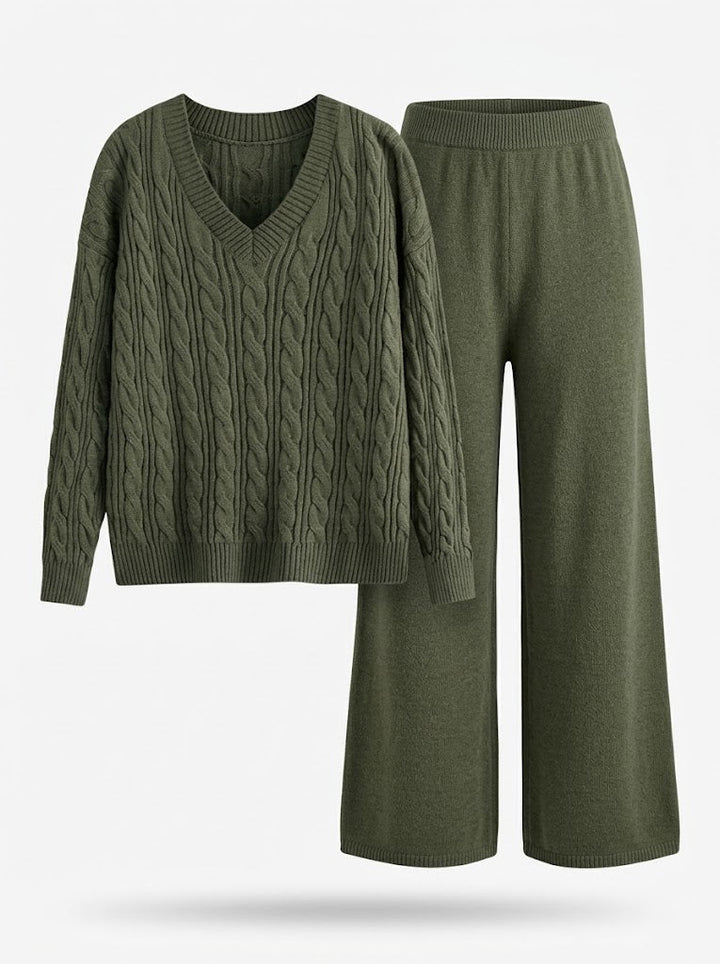 Antonia | Women’s V Neck Cable Knit Sweater and Wide Leg Pants Set
