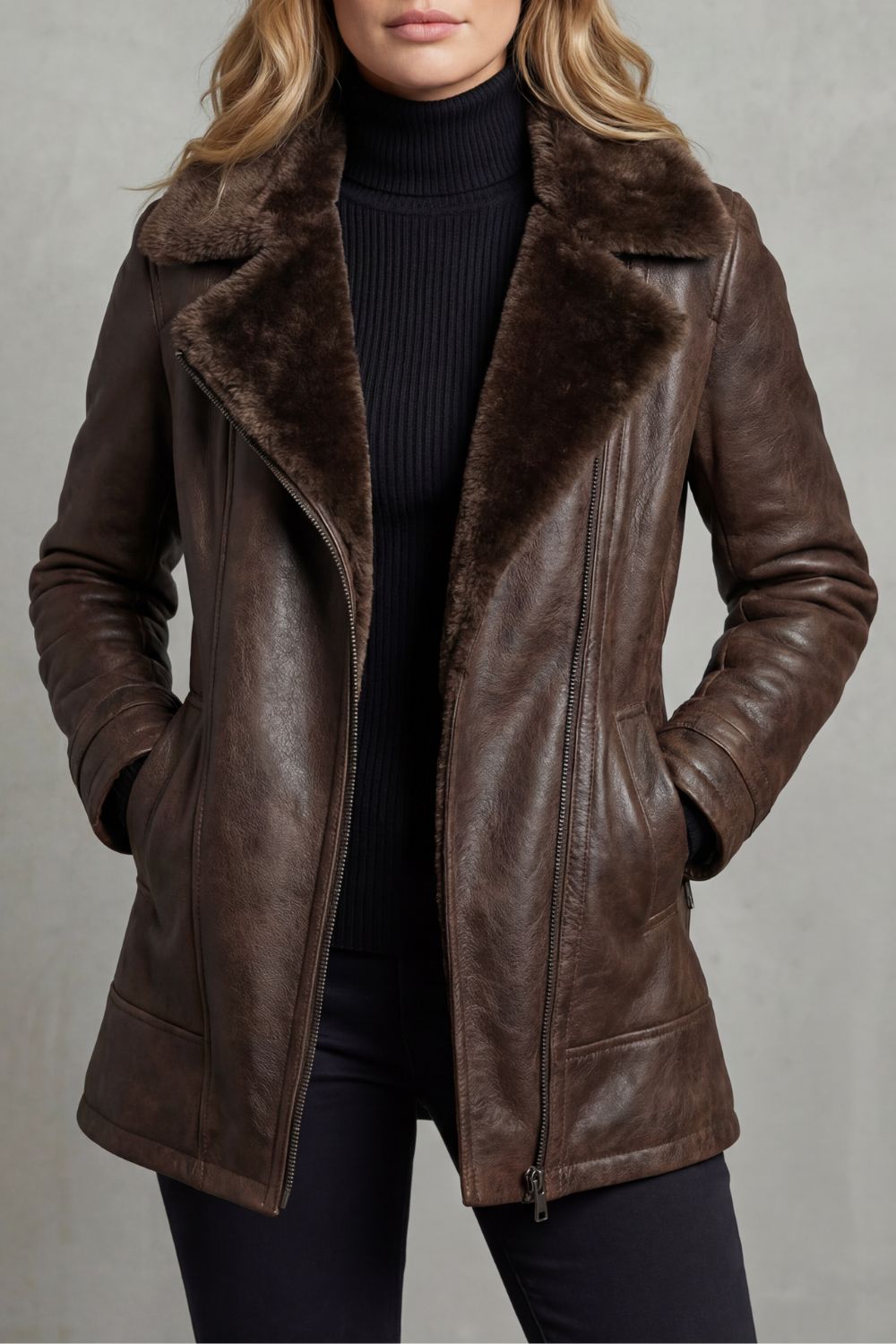 Odalys | Women's Brown Shearling Collar Moto Jacket