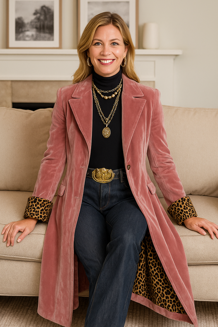 Rosalind | Women's Velvet Double Breasted Long Coat with Leopard Trim