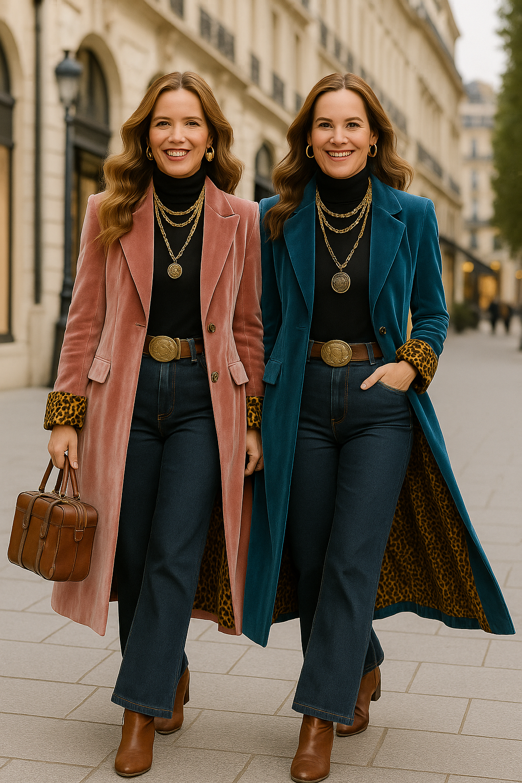 Rosalind | Women's Velvet Double Breasted Long Coat with Leopard Trim