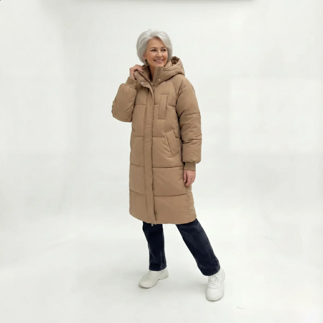 Margot | Women's Hooded Long Puffer Coat with Ribbed Cuffs