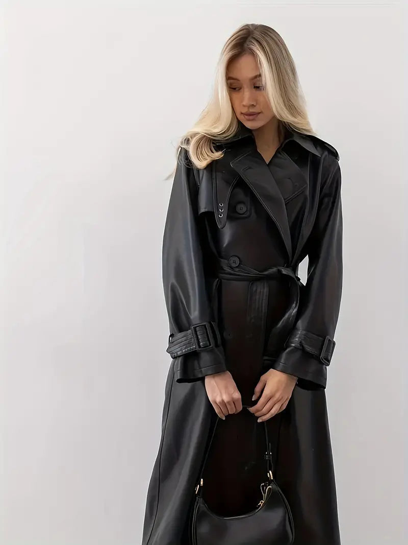 Natasha | Women’s Long Faux Leather Trench Coat