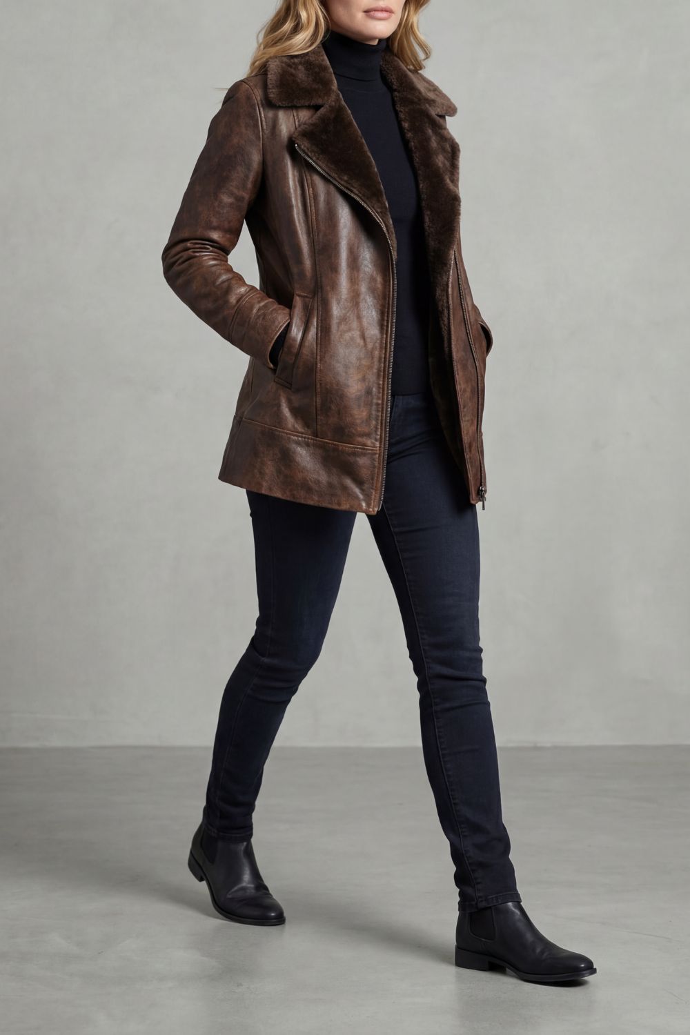 Odalys | Women's Brown Shearling Collar Moto Jacket