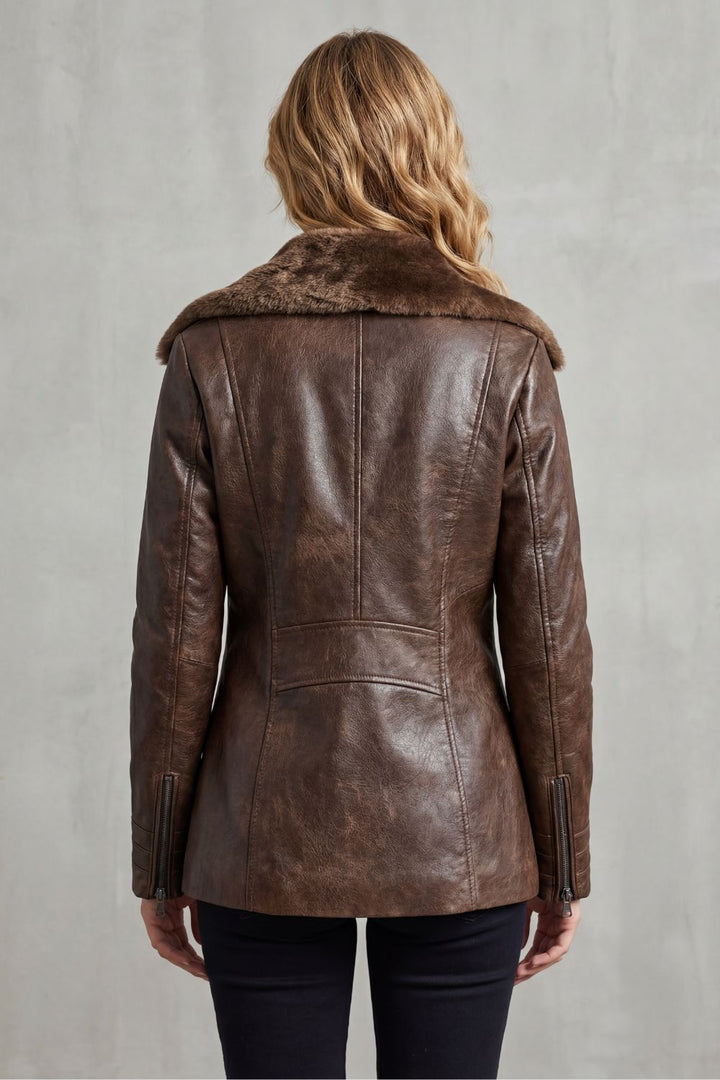 Odalys | Women's Brown Shearling Collar Moto Jacket