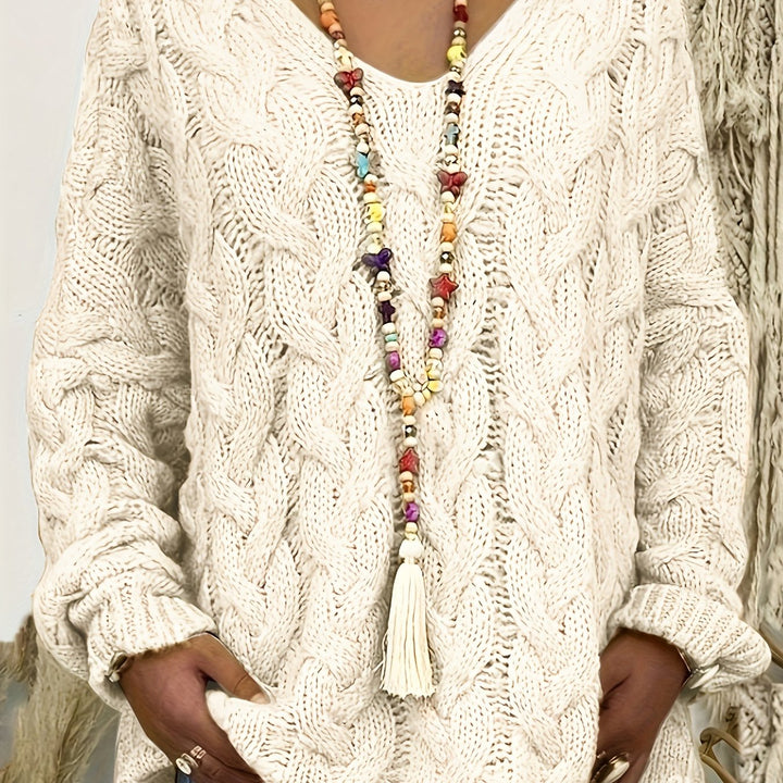 Adalyn | Women's Cable Knit V-Neck Sweater in Mountain Wool