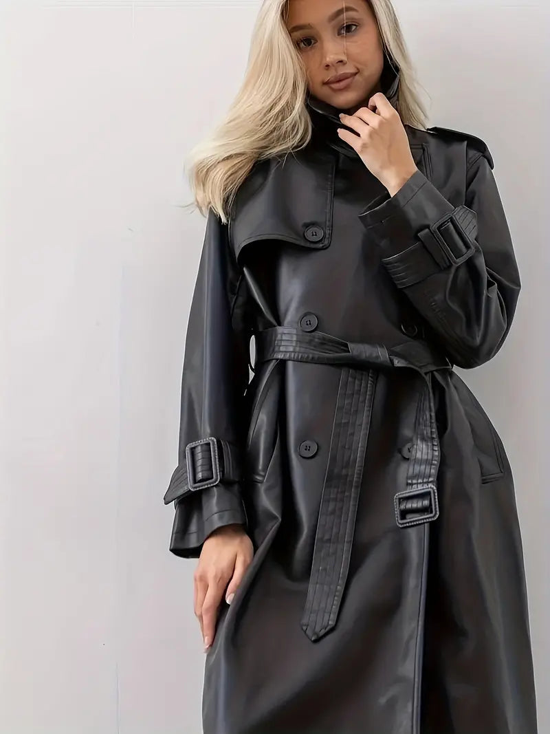 Natasha | Women’s Long Faux Leather Trench Coat