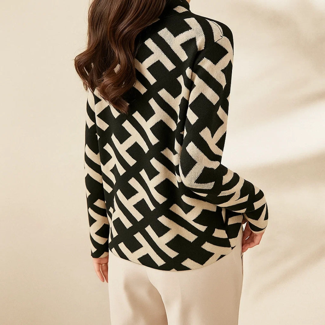 Genevra | Women's Black White Geometric Print Mock Neck Sweater