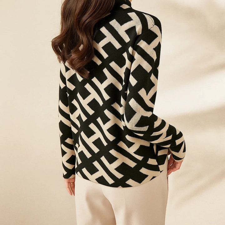 Genevra | Women's Black White Geometric Print Mock Neck Sweater