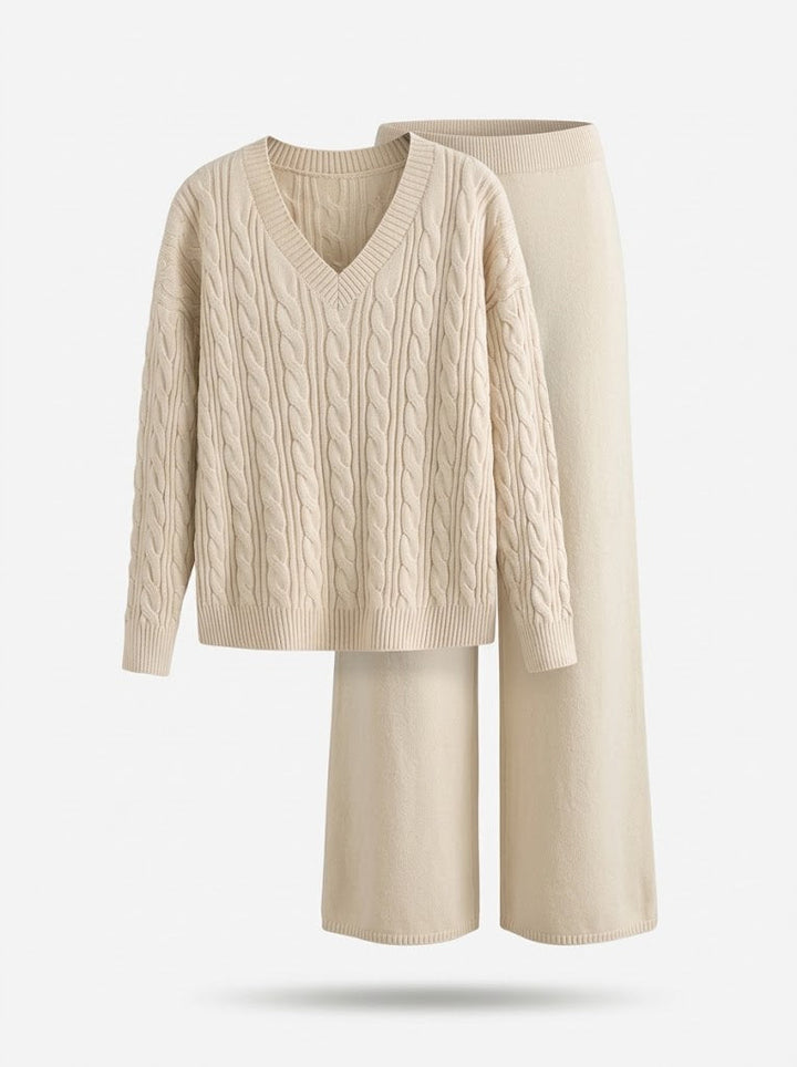 Antonia | Women’s V Neck Cable Knit Sweater and Wide Leg Pants Set