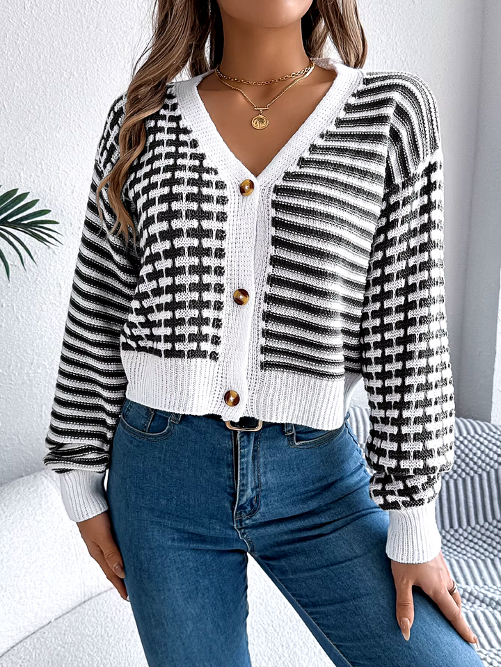 Pippa | Women's Cropped Striped Patchwork V Neck Knit Cardigan