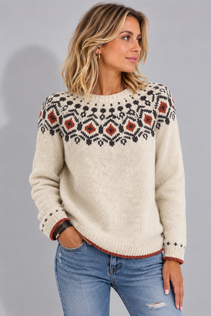Saoirse | Women's Crew Neck Fair Isle Knit Sweater with Patterned Yoke