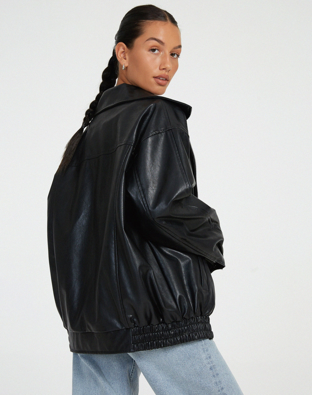 Ruby | Women's Oversized Faux Leather Zip-Up Bomber Jacket