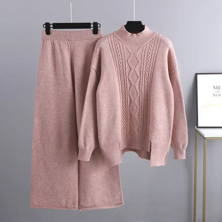 Tamara | Women’s Cable Knit Mock Neck Sweater and Wide Leg Pants Set