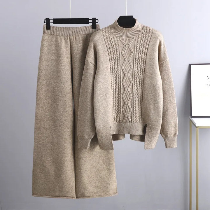 Tamara | Women’s Cable Knit Mock Neck Sweater and Wide Leg Pants Set
