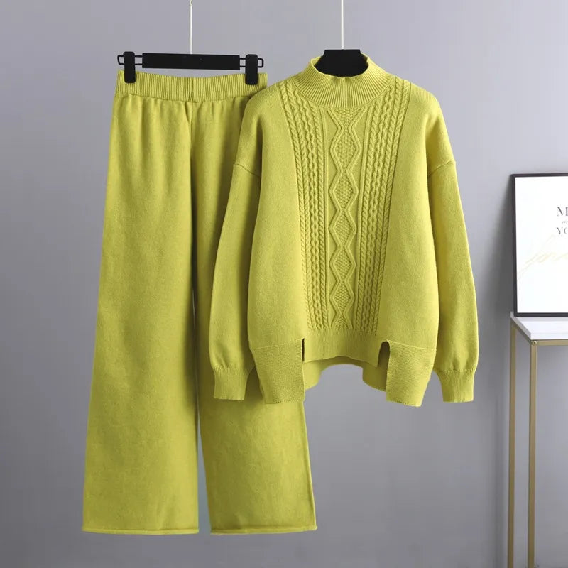 Tamara | Women’s Cable Knit Mock Neck Sweater and Wide Leg Pants Set