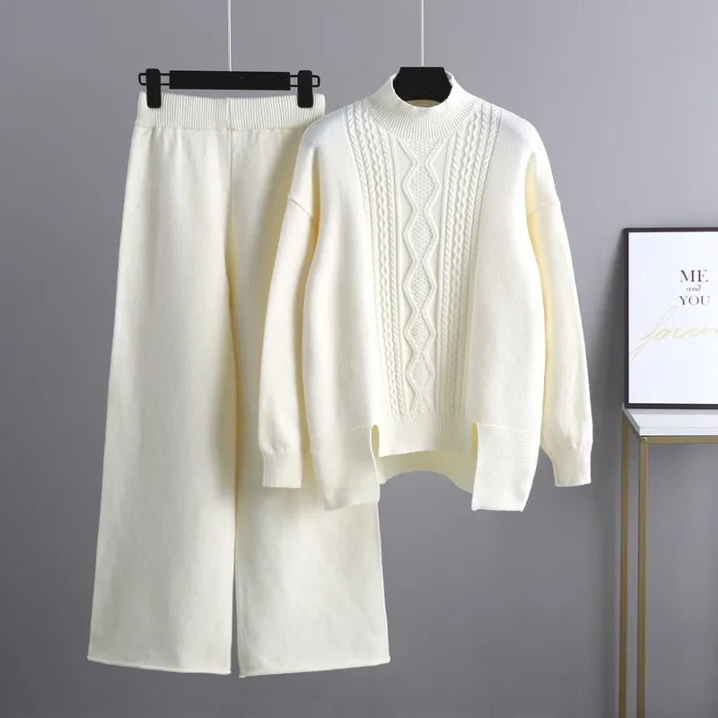 Tamara | Women’s Cable Knit Mock Neck Sweater and Wide Leg Pants Set