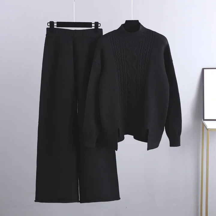 Tamara | Women’s Cable Knit Mock Neck Sweater and Wide Leg Pants Set