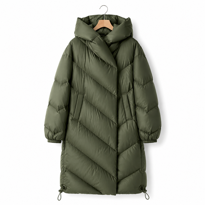 Ingrid | Women's Long Down Puffer Coat with Chevron Quilting and Hood