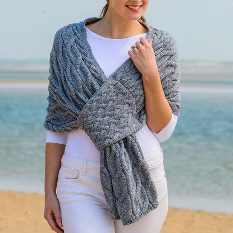Fiona | Women’s Cable Knit Wrap Shawl with Pull-Through Slot