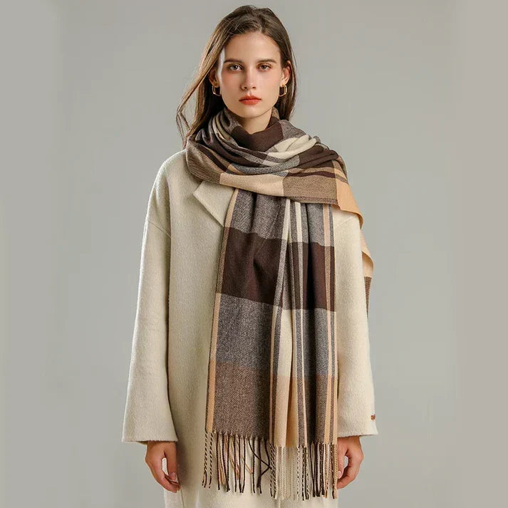 Emery | Women’s Large Check Scarf with Tassel Fringe