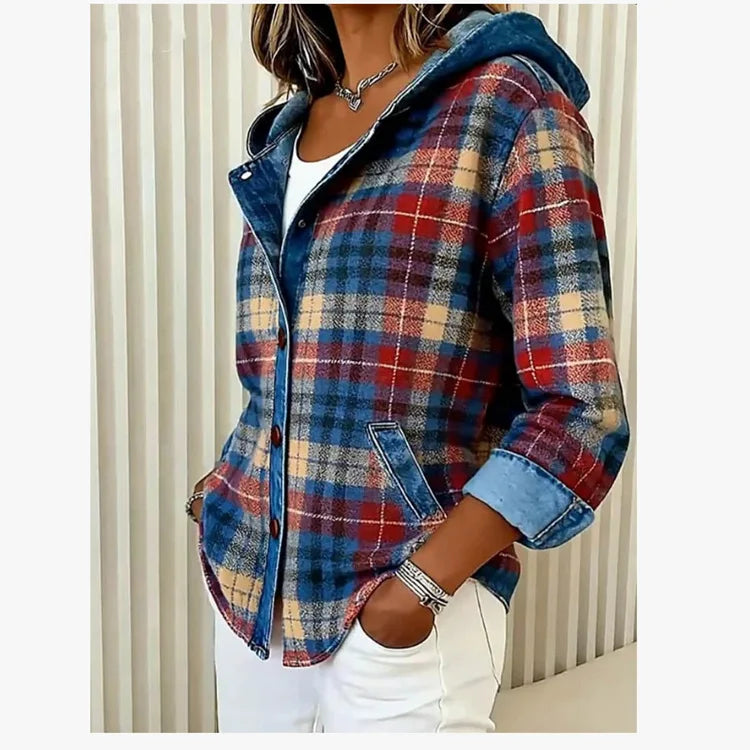 Marisa | Women’s Hooded Plaid Jacket with Contrast Trim