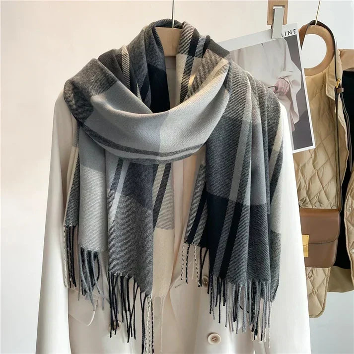 Emery | Women’s Large Check Scarf with Tassel Fringe