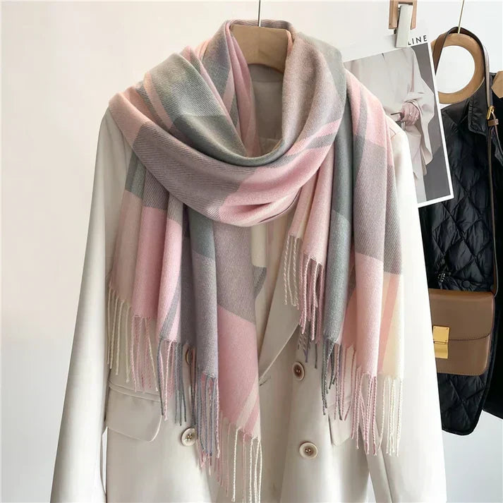 Emery | Women’s Large Check Scarf with Tassel Fringe