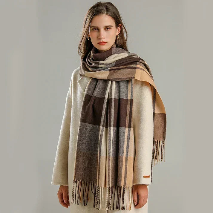 Emery | Women’s Large Check Scarf with Tassel Fringe