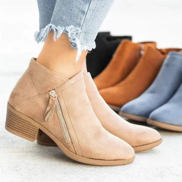 Casey | Women’s Suede Side Zip Block Heel Casual Ankle Boot