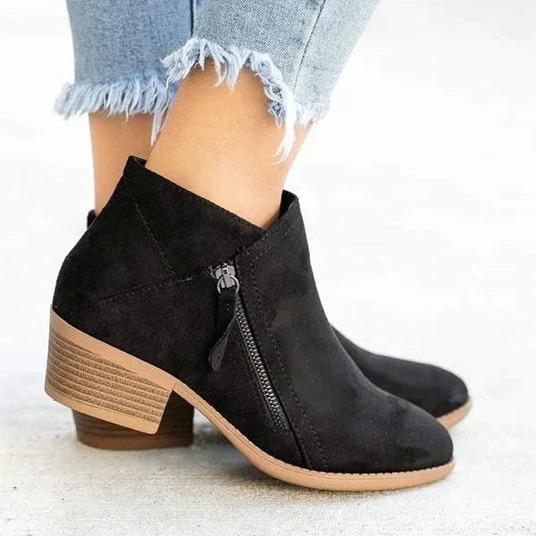 Casey | Women’s Suede Side Zip Block Heel Casual Ankle Boot