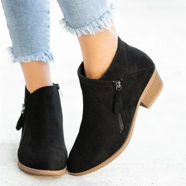 Casey | Women’s Suede Side Zip Block Heel Casual Ankle Boot