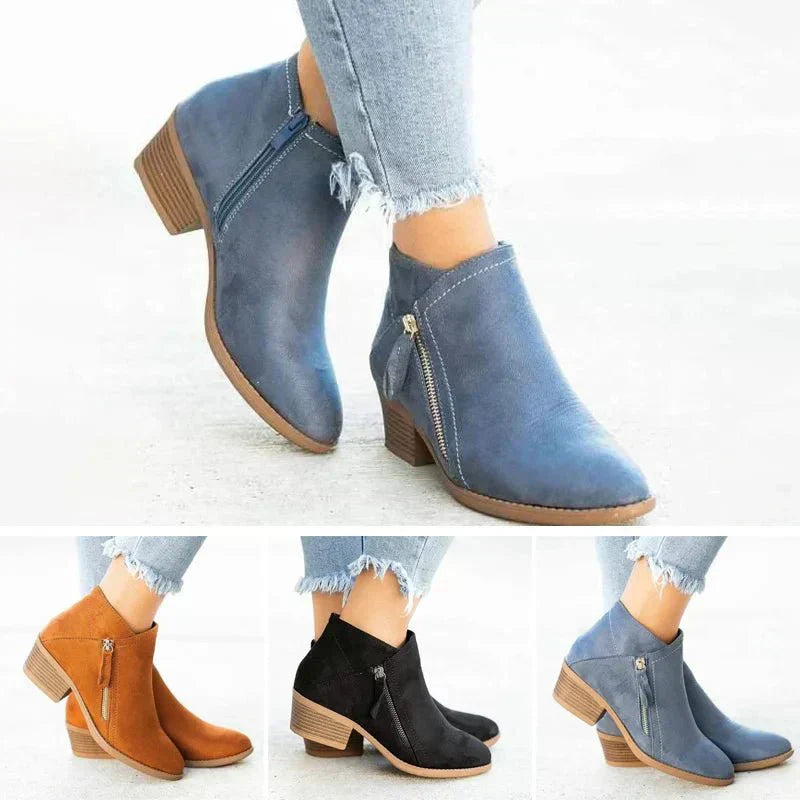 Casey | Women’s Suede Side Zip Block Heel Casual Ankle Boot