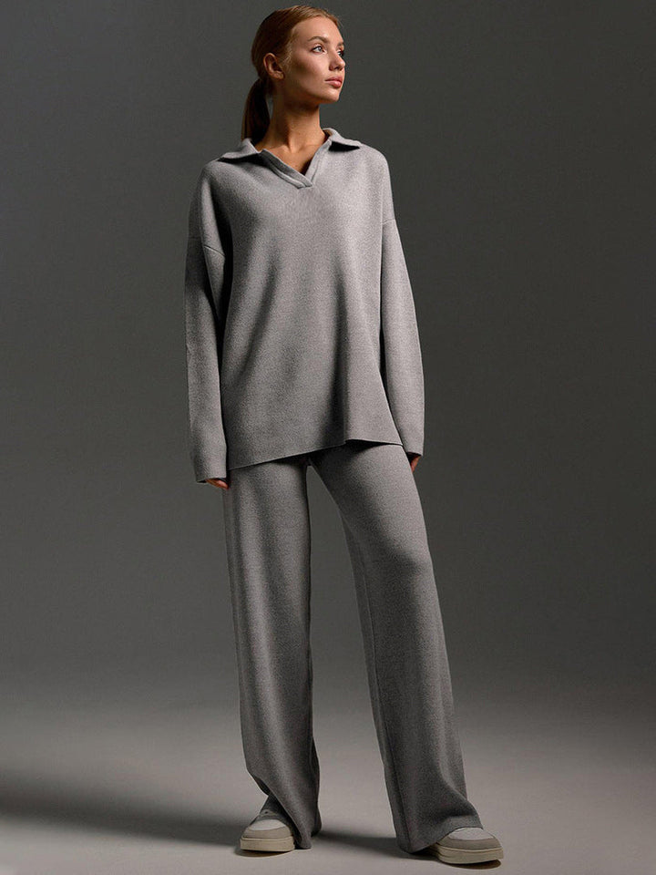 Kennedy | Women’s Collared Sweater Wide Leg Pants Set