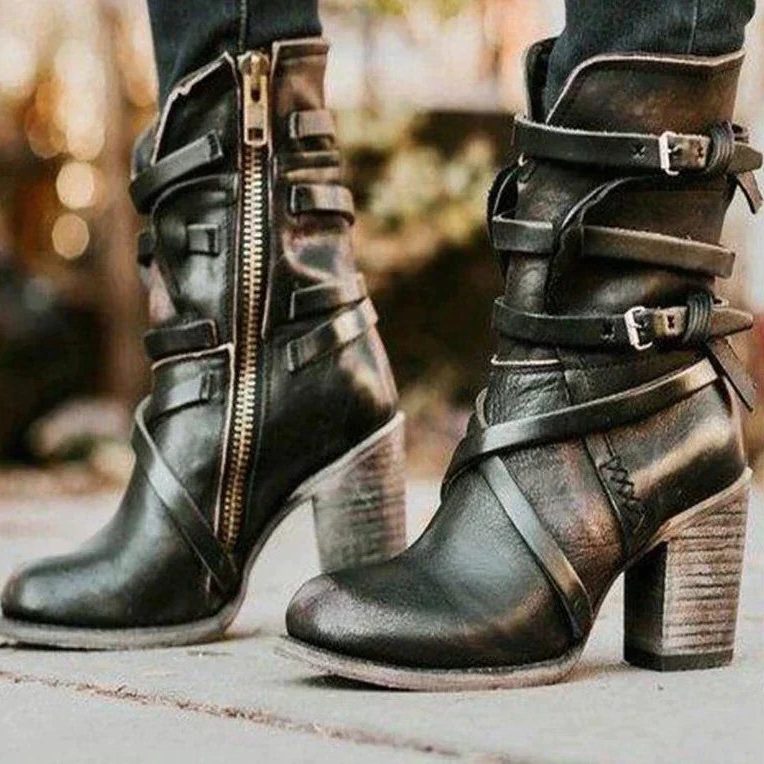 Amabelle | Women's Buckle Strap Heeled Ankle Boots with Block Heel