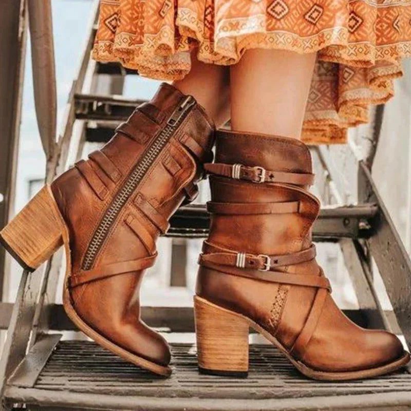 Amabelle | Women's Buckle Strap Heeled Ankle Boots with Block Heel