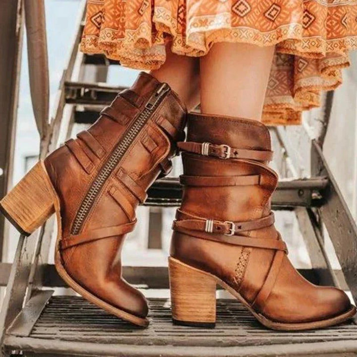 Amabelle | Women's Buckle Strap Heeled Ankle Boots with Block Heel