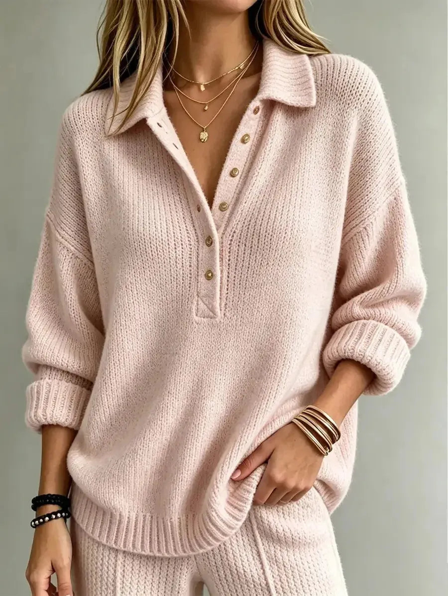 Lottie | Women's Oversized Polo Knit Sweater with Button Placket