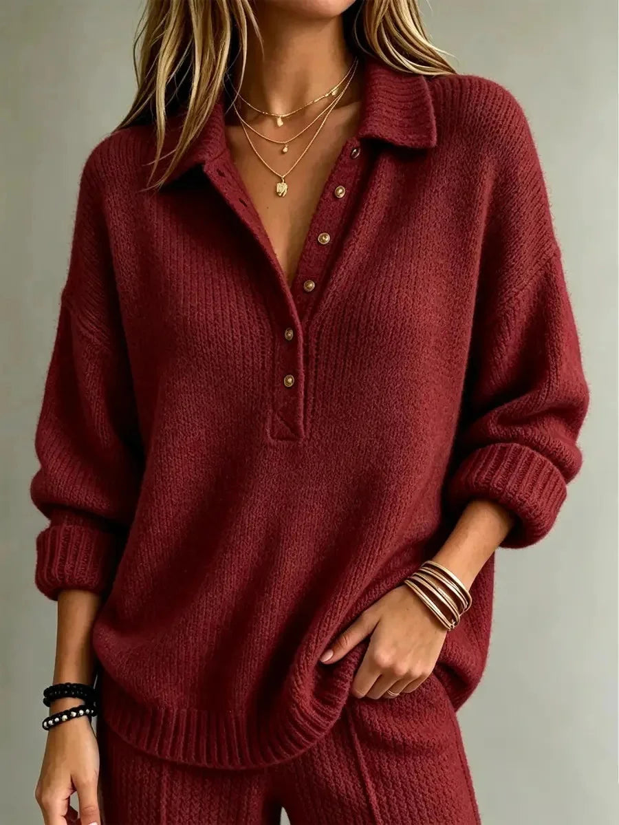 Lottie | Women's Oversized Polo Knit Sweater with Button Placket