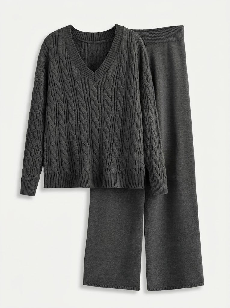 Antonia | Women’s V Neck Cable Knit Sweater and Wide Leg Pants Set