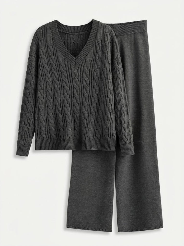 Antonia | Women’s V Neck Cable Knit Sweater and Wide Leg Pants Set