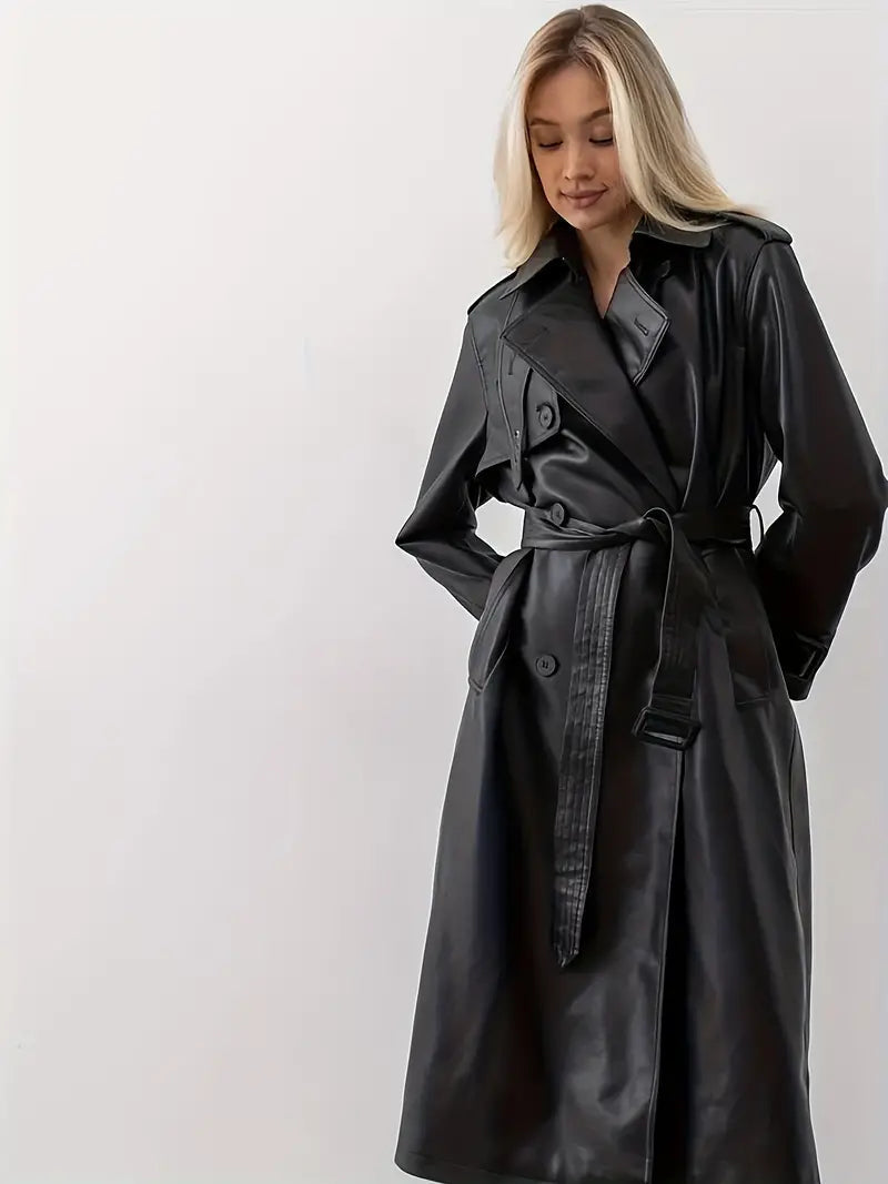 Natasha | Women’s Long Faux Leather Trench Coat