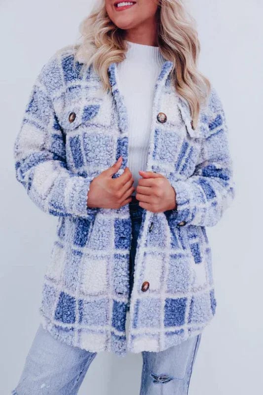 Stella | Women's Plaid Teddy Button-Front Coat with Chest Pocket