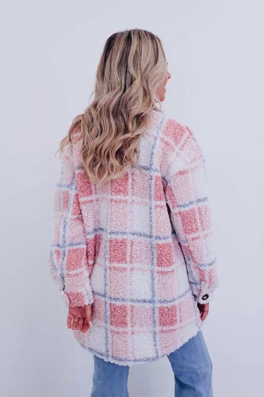 Stella | Women's Plaid Teddy Button-Front Coat with Chest Pocket