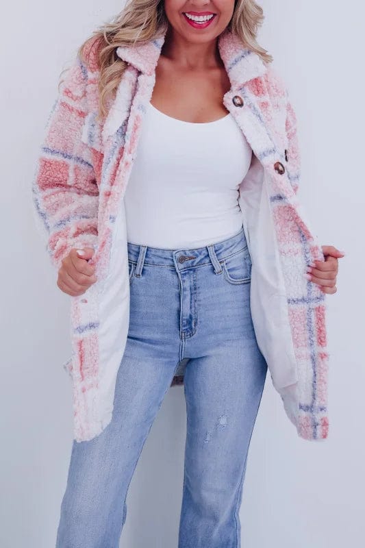 Stella | Women's Plaid Teddy Button-Front Coat with Chest Pocket