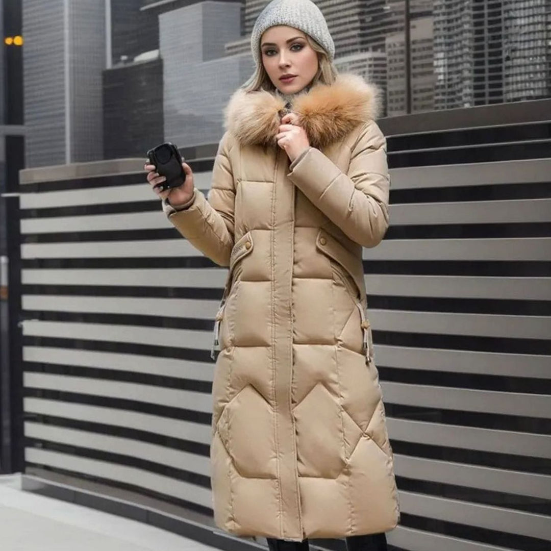 Svea | Women’s Long Quilted Puffer Coat with Faux Fur Hood