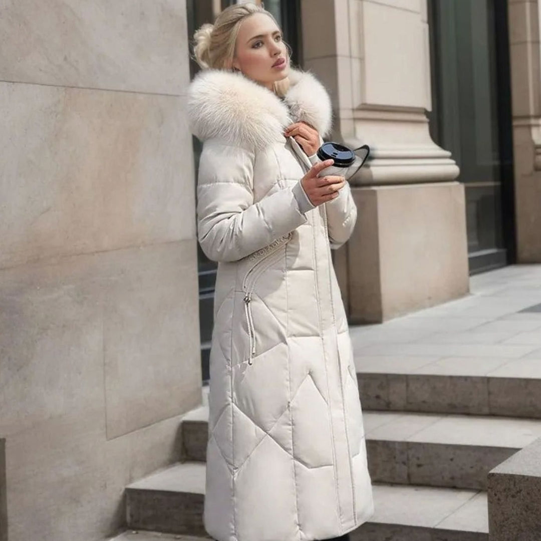 Svea | Women’s Long Quilted Puffer Coat with Faux Fur Hood